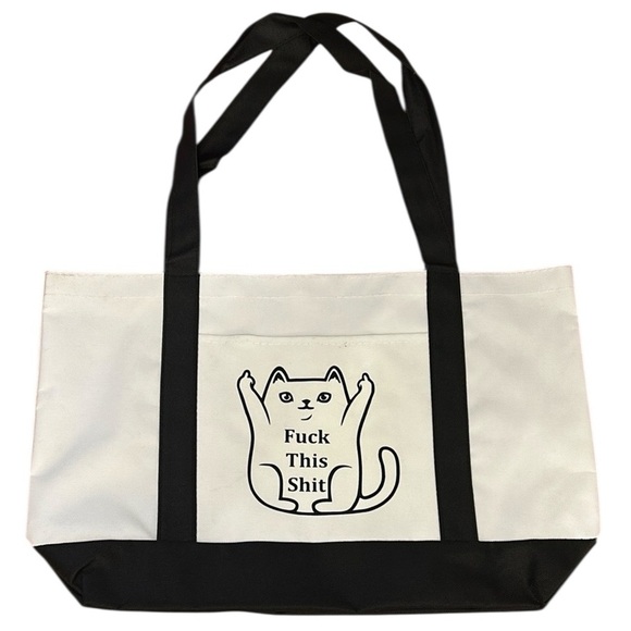Canvas “Kitty Bird” Tell it like it is Large Stylish Black and White Cat Tote - Picture 1 of 9